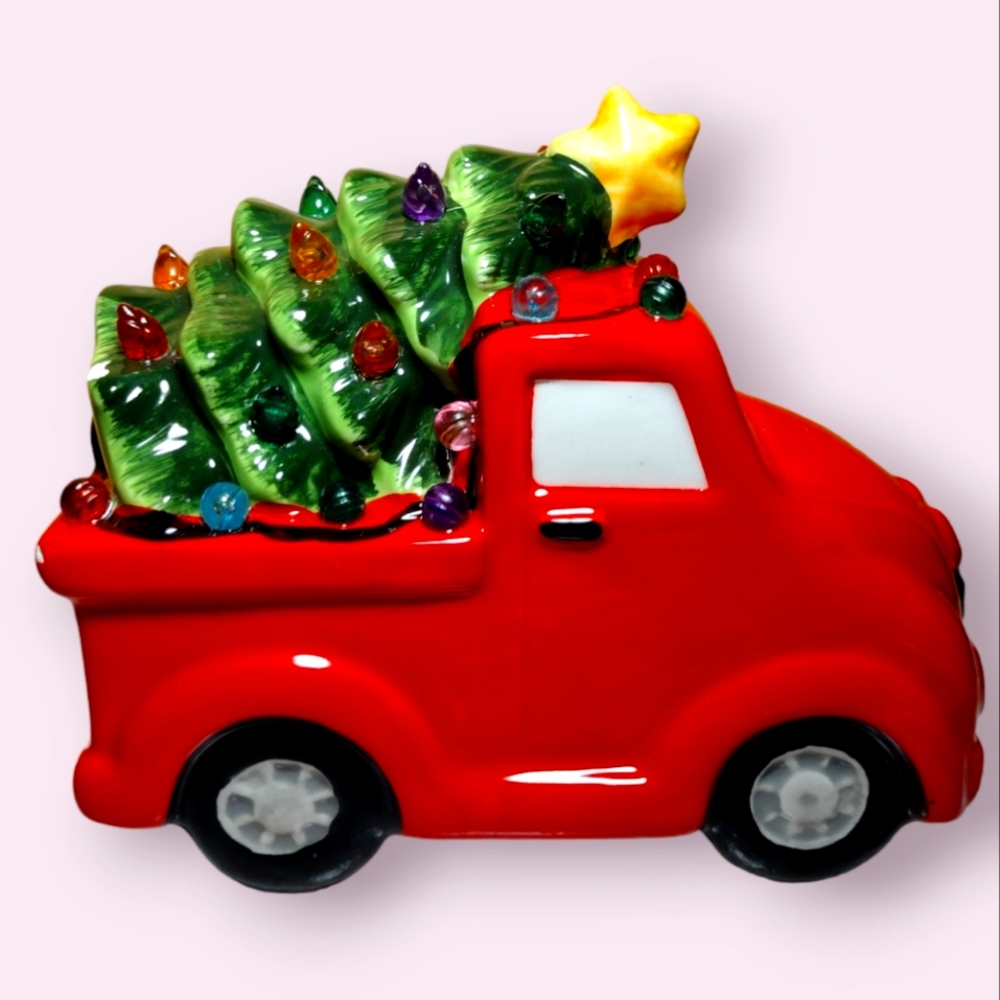 Ceramic Red Farm Truck W/ Christmas Tree In Trunk